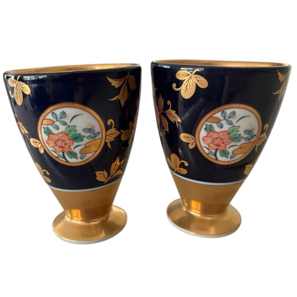 Wine Goblet Cup Japanese Arita Ceramic Blue Gold 4 inch Set of 2